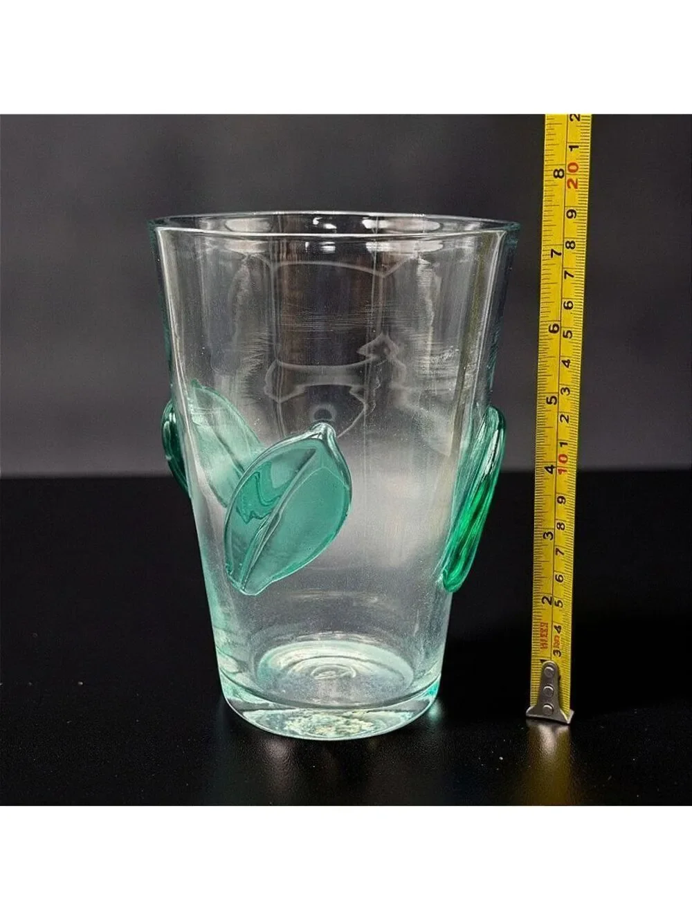 Vintage Blenko 366 Clear Glass Vase Applied Green Leaves 7.5